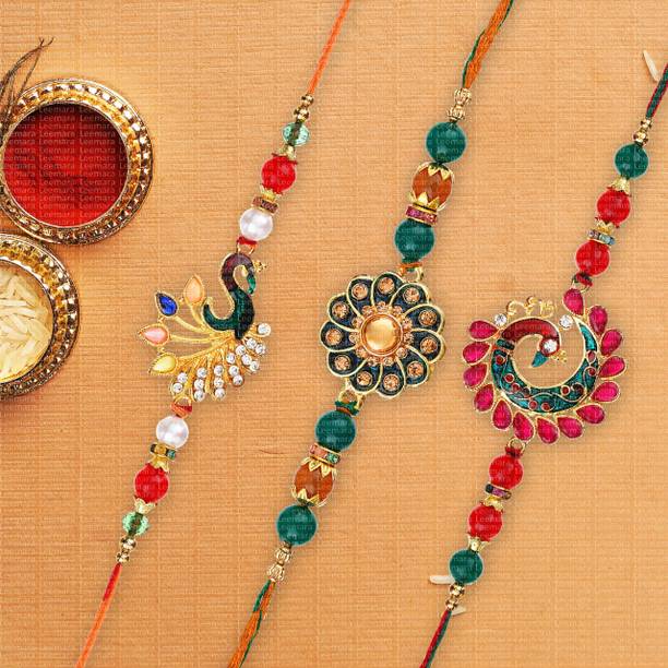 LEEMARA Designer LMR-R-4-6-9 Mauli Thread, Gold Finish, Pearl, Kundan Rakhi, Chawal Roli Pack, Greeting Card  Set