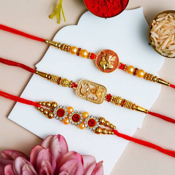 Poorak Designer PK_RK_COMBO_3CE_GREET Assorted Rakhi, Chawal Roli Pack, Greeting Card Set