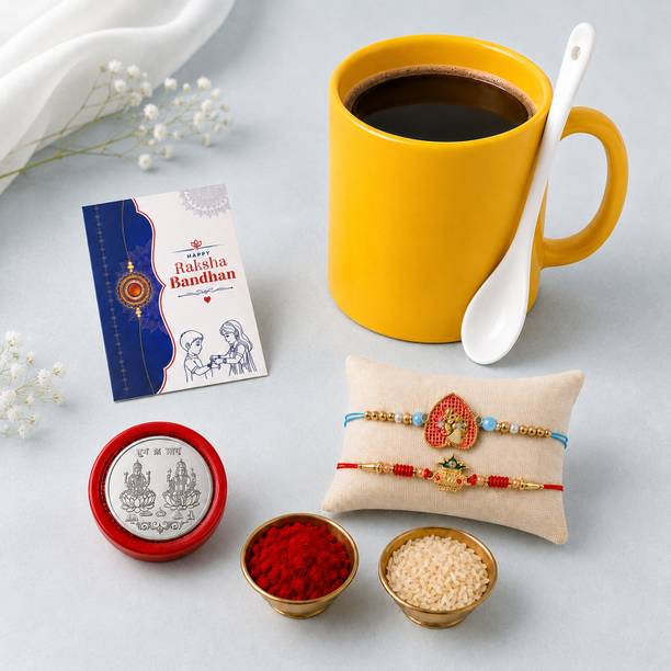 Designer Designer Rakhi With Mug | Roli-Chaval | K2_1190+1081_12460 Assorted Greeting Card Set by DeoDap