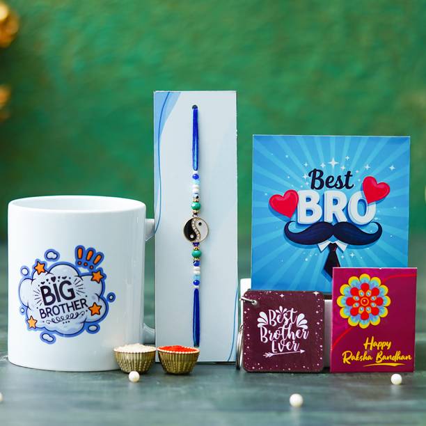 Tonkwalas Designer Rakhi Gift Set For Brother Combo With Roli Chawal Greeting Card- MUG-34 Mauli Thread Mug, Rakhi, Showpiece, Key Ring, Chawal Roli Pack, Greeting Card  Set
