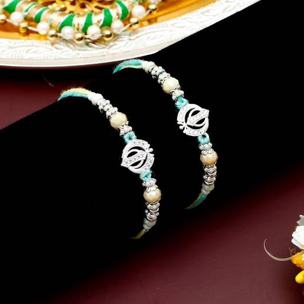 Thread Pack Of 2 Khanda Pastel green Rakhi With Rakhi Greeting Card Assorted Rakhi, Greeting Card, Chawal Roli Pack Set by ARCHIES