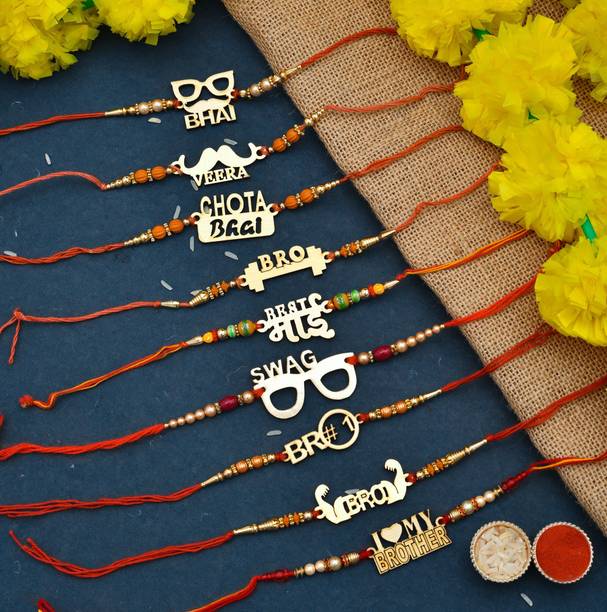 WINGS MART Designer Rakshabandhan Wooden Best Bhai, Bro, Bodybulding, Veera, Chota Bhai, Swag Wala Bhai Designer Rakhi Set Of 9 with Roli Chawal For Brother | Rakhi Set | Couple Rakhi | Family Rakhi Combo | Bhaiya Rakhi | Ganesha Rakhi | Stone Rakhi Flowers Rakhi Sandalwood, Mauli Thread Rakhi, Greeting Card  Set