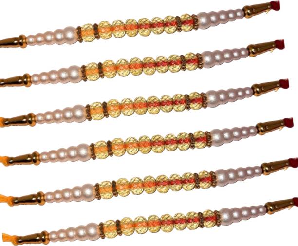 SSS SCULPTURE Bhaiya Bhabhi Traditional Stylish Handmade White Yellow Pearl Rakhi Set Raksha Bandhan Pearl Rakhi  Set
