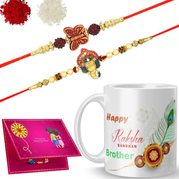 NADN Thread Double-Dora19-M61_2106 Gold Finish Rakhi, Chawal Roli Pack, Greeting Card, Mug  Set