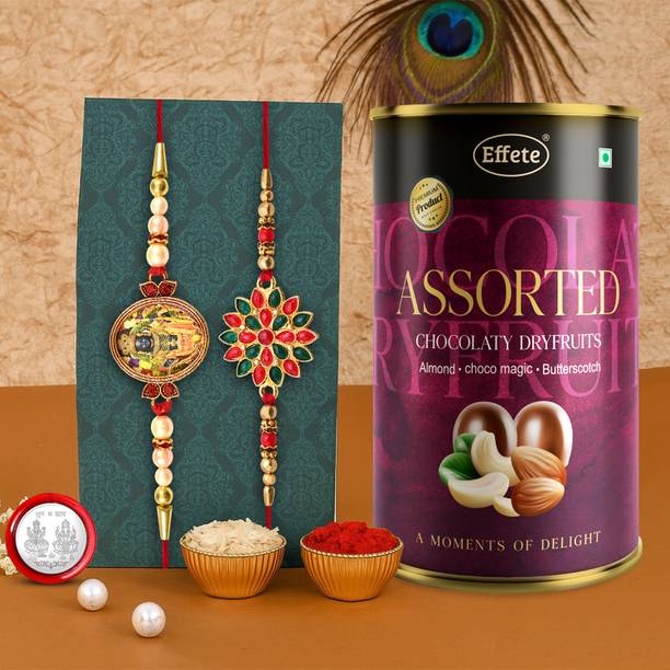 DeoDap Designer Rakhi Combo Gift Set for Brother |Assortment 96Gm|Chocolate|Y22K2_A4+A27_AS Assorted Rakhi, Chawal Roli Pack, Greeting Card, Coins  Set
