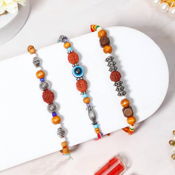 Thread Pack of 3 Rustic Rudraksha Bead Bracelet Rakhis For Brother With Greeting Card Assorted Rakhi, Greeting Card, Chawal Roli Pack Set by ARCHIES