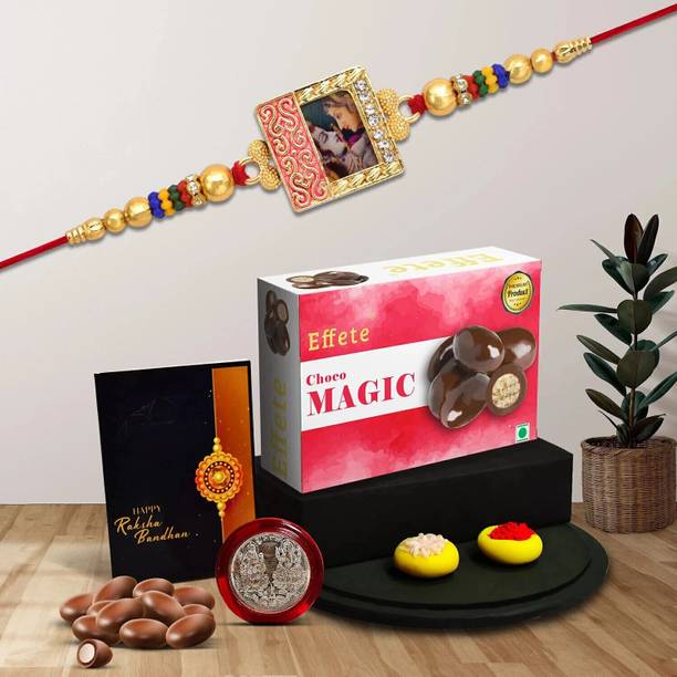 DeoDap Designer Rakhi Combo Gift Set for Brother |Choco Beats 32Gm|Chocolate|Y22K1_356_CB32 Assorted Rakhi, Chawal Roli Pack, Greeting Card, Coins  Set