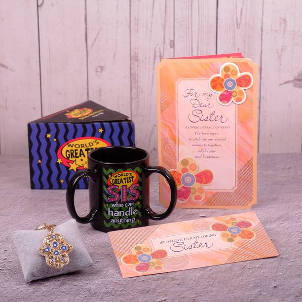 ARCHIES Gazing Evil Eye Keychain Mug With Sister Greeting Card Mauli Thread Mug  Set