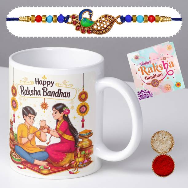 KUCHILA Designer Brother Rakhi Gift Combo Pack of 4 with Printed Ceramic Mug RKBD7_RKI49 Assorted Rakhi, Mug, Chawal Roli Pack, Greeting Card  Set