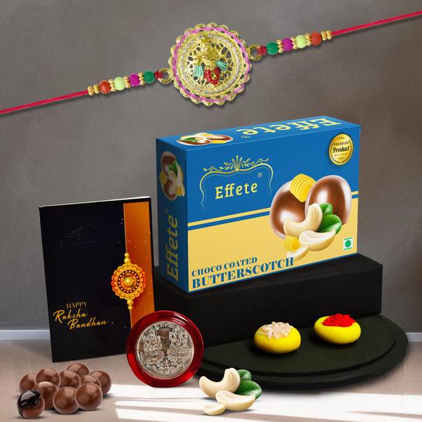 Effete Religious Rakhi set of 1 with butter sotch (32gm)| Rakhi for Brother/sister| K1_687_BS32 Assorted Rakhi, Greeting Card, Coins, Chawal Roli Pack  Set