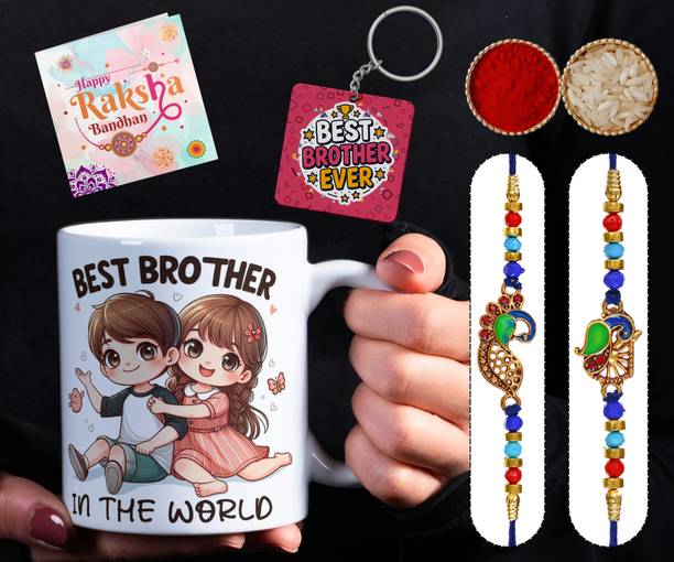 AEKANSH Thread Stylish Rakhi Combo with Mug & Greeting Gift Set | Pack of 6 - Bro234_Key4950 Assorted Chawal Roli Pack, Greeting Card, Mug, Rakhi  Set