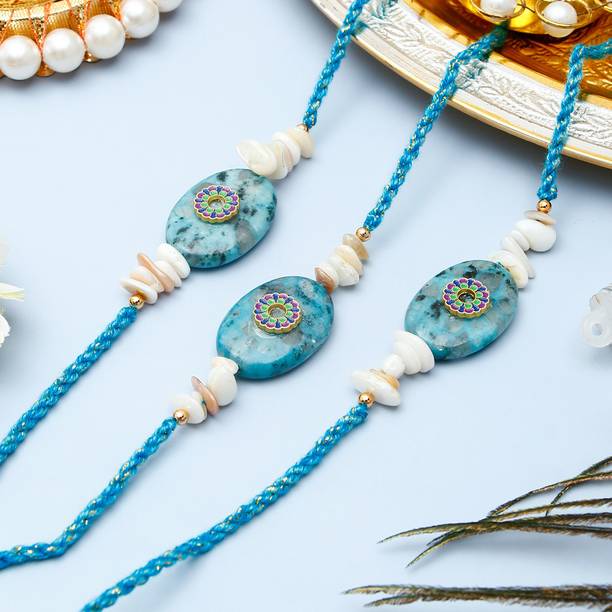 Thread Pack Of 3 Turquoise Stone Rakhi With Rakhi Greeting Card Assorted Rakhi, Greeting Card, Chawal Roli Pack Set by ARCHIES