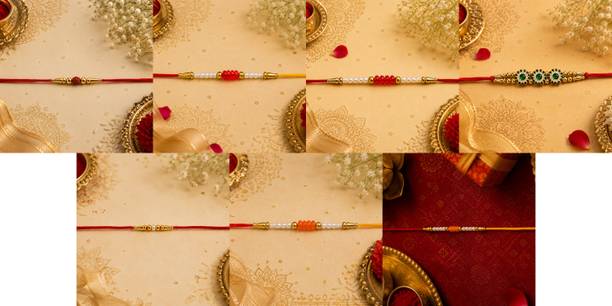 Designer July combo7 Rakhi Set-4144 Gold Finish, Mauli Thread, Pearl Rakhi by RS Creations