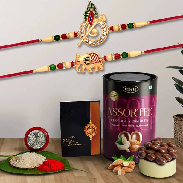DeoDap Designer Rakhi Combo Gift Set for Brother |Assortment 96Gm|Chocolate|Y22K2_528+529_AS Pearl Rakhi, Chawal Roli Pack, Greeting Card, Coins  Set