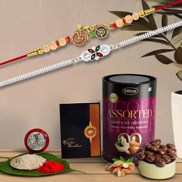 DeoDap Designer Rakhi Combo Gift Set for Brother |Assortment 96Gm|Chocolate|Y22K2_533+A2_AS Assorted Rakhi, Chawal Roli Pack, Greeting Card, Coins  Set