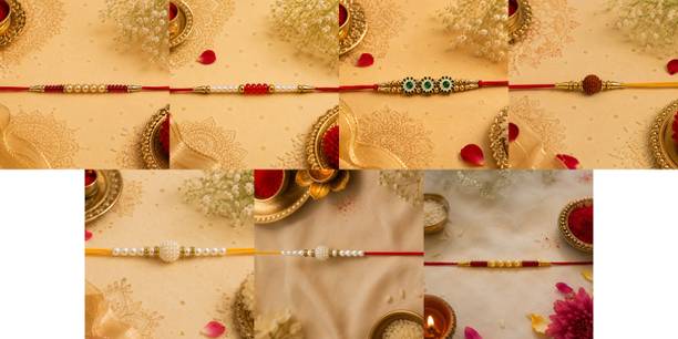 Designer July combo7 Rakhi Set-530 Gold Finish, Mauli Thread, Pearl Rakhi by RS Creations