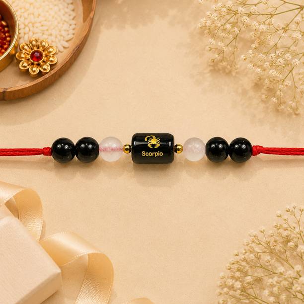 Scorpio Zodiac with Black Obsidian Milky Quartz for Protection & Inner Strength Mauli Thread Bracelet Set by CRYSTU