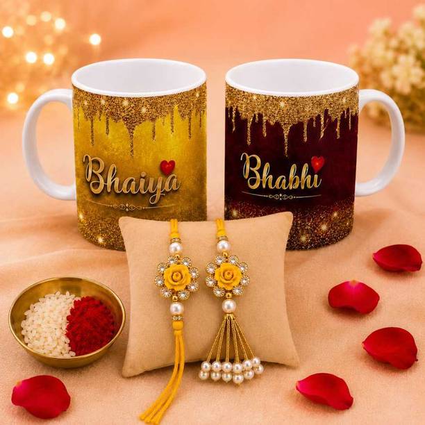 THE CLICK INDIA Bhaiya Bhabhi Rakhi With Mug Combo / Bhaiya Bhabhi Rakhi Set With Mug Mauli Thread, Pearl Rakhi, Mug, Chawal Roli Pack Set