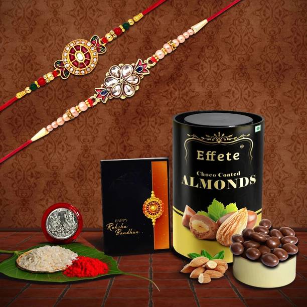 Effete Designer Rakhi Combo for Brother with Chocolate Almond(96-GM)Rakhi Set|K2_429+430_CA Assorted Rakhi, Chawal Roli Pack, Greeting Card, Coins  Set