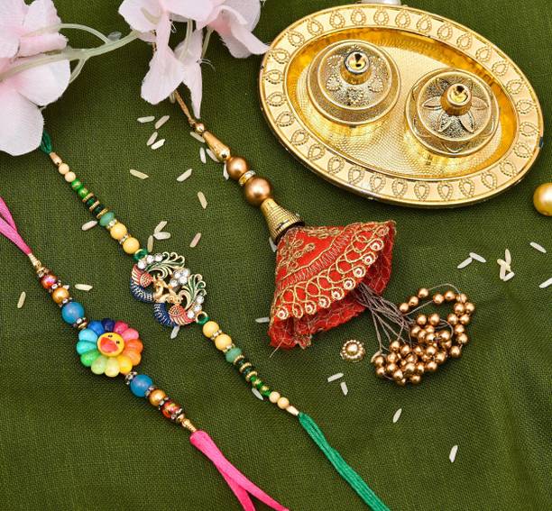 AG STORE Designer Latest Trendy Design Red Lumba, Peacock & Kids' Sun Rakhis with Stylish Thali Mauli Thread Rakhi, Greeting Card, Thali  Set