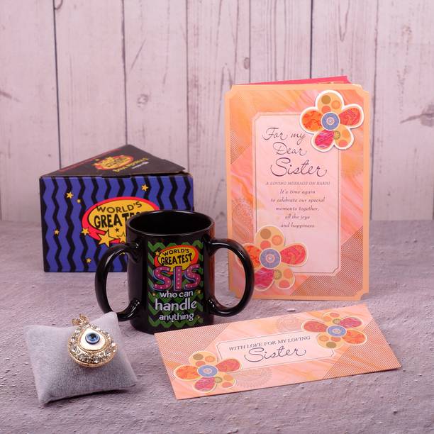 ARCHIES Golden Evil Eye Keychain Mug With Sister Greeting Card Mauli Thread Mug  Set