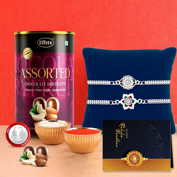 DeoDap Bracelet Rakhi Combo Gift Set for Brother |Assortment 96Gm|Chocolate|Y22K2_A14+A31_AS Assorted Rakhi, Chawal Roli Pack, Greeting Card, Coins  Set