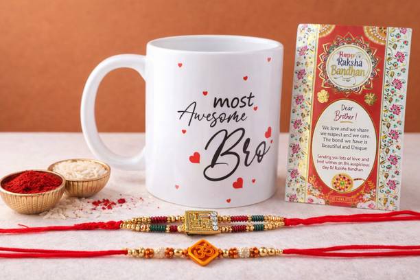THE INDIA STYLE Bracelet Premium Raksha Bandhan Gift Set for Brother, Ceramic Mug with 2 Designer Rakhi, Assorted Rakhi, Mug, Greeting Card, Chawal Roli Pack Set