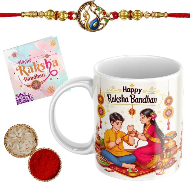 amrita Designer Cute Rakhi for Brother with Printed Ceramic Mug (Combo Pack 4) RKBD7_RKI41 Assorted Rakhi, Mug, Chawal Roli Pack, Greeting Card Set