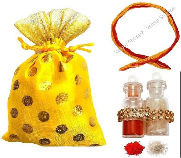 Velour Shoppe Potli with Dhaga & Roli, Chawal in Cute Bottle for Bhai Dooj Tikka Assorted Chawal Roli Pack  Set