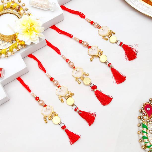 Thread Pack Of 5 Golden Crimson Lumba Rakhi With Greeting Card Assorted Rakhi, Greeting Card, Chawal Roli Pack Set by ARCHIES