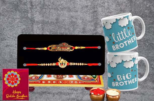 PR SMART Designer Rakhi Gift Set For Brother Combo With Mug, Roli Chawal and Greeting Card Mauli Thread Mug  Set