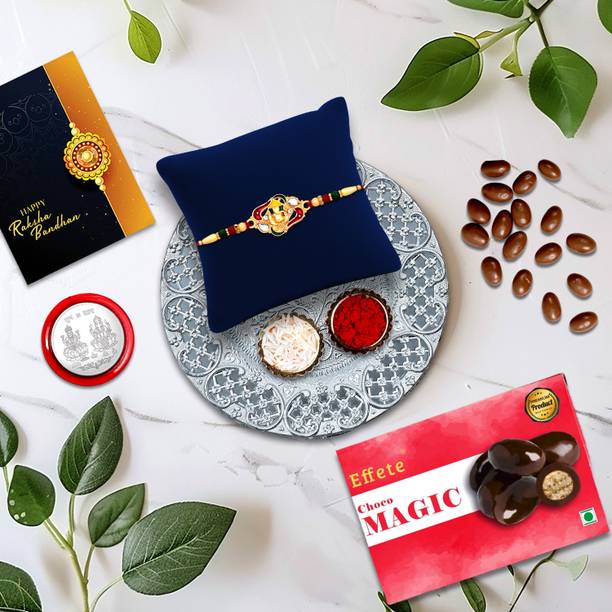 DeoDap Designer Rakhi Combo Gift Set for Brother |Choco Magic 32Gm|Chocolate|Y22K1_523_CM32+DS Assorted Rakhi, Greeting Card, Coins, Chawal Roli Pack, Thali  Set
