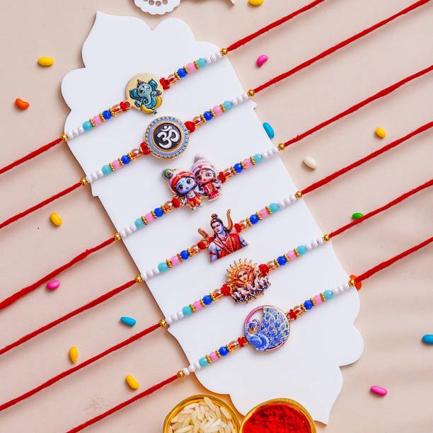 PRIDE STORE Thread Ganesh, om, RadhaKrishna, Ram, Suryanarayan, Peacock Rakhi Set Assorted Rakhi, Greeting Card, Chawal Roli Pack  Set