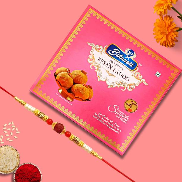 Giftnotch Rakhi Sweet-10 Special Designer Rakhi,Kumkum Rice Sachet,Besan Ladoo(200 Grams) Assorted Gift Box