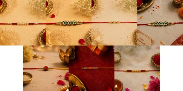 Designer July combo7 Rakhi Set-2003 Gold Finish, Mauli Thread, Pearl Rakhi by RS Creations