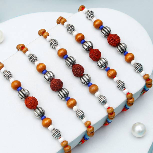 Thread Pack Of 5 Beaded Rudraksh Rakhi With Greeting Card Assorted Rakhi, Greeting Card, Chawal Roli Pack Set by ARCHIES