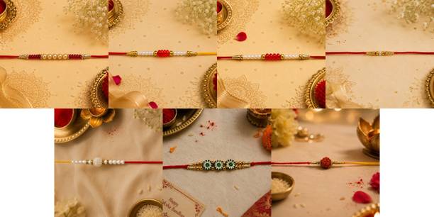 Designer July combo7 Rakhi Set-9624 Gold Finish, Mauli Thread, Pearl Rakhi by RS Creations