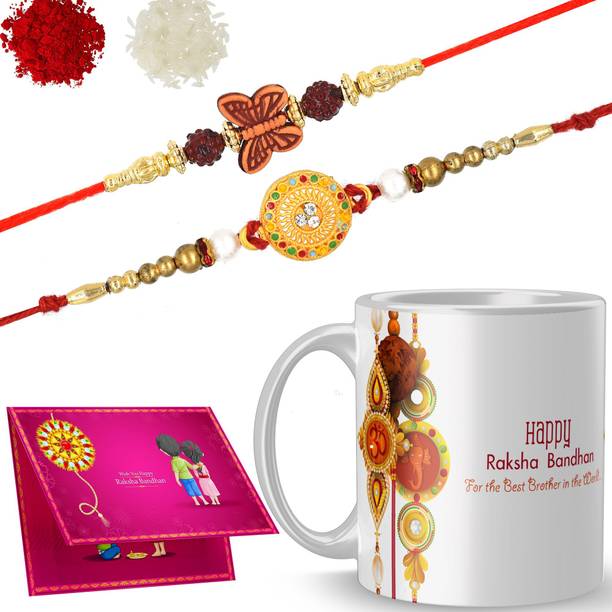 MM9E Thread Rakhi-set-Double-Dora10-M110 Assorted Rakhi, Chawal Roli Pack, Greeting Card, Mug  Set