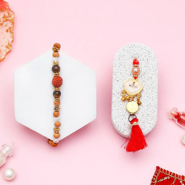 Thread Rudraksha Bracelet Rakhi & Golden Charm Lumba Rakhi Set With Greeting Card Assorted Rakhi, Greeting Card, Chawal Roli Pack Set by ARCHIES