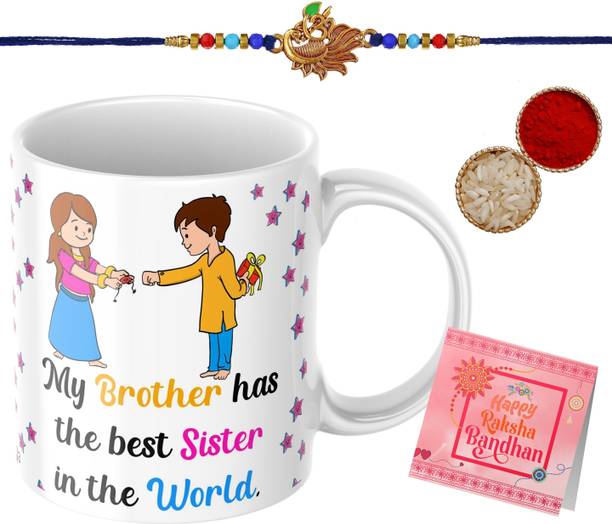 Zenil Rakhi with mug _ _GC182_GC0717 Assorted Rakhi, Mug, Greeting Card, Chawal Roli Pack  Set