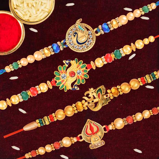 Thread Rakhi Set for Brother_RK130 Kundan, Pearl Rakhi by regus