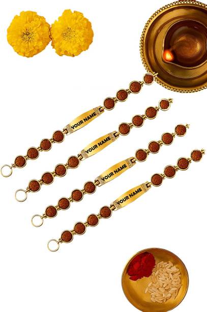 Autowhrib Rudraksh Custom Name Rakhi Set of 4 – Gold Plated with Rudraksh Beads Gold Finish Rakhi, Chawal Roli Pack  Set