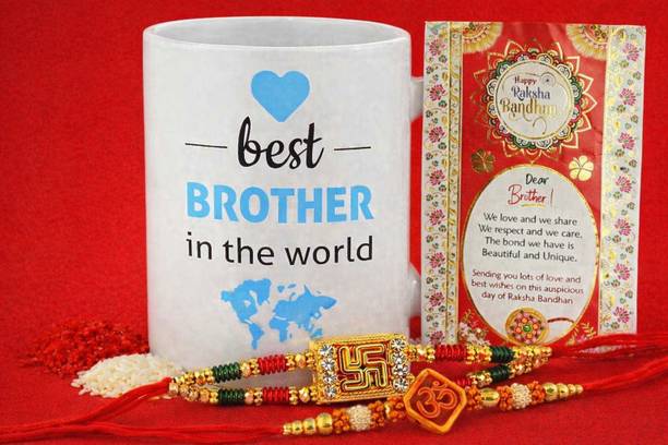 THE INDIA STYLE Bracelet Rakhi for Brother with Printed Ceramic Coffee Mug Combo Mauli Thread Rakhi, Mug, Greeting Card, Chawal Roli Pack  Set