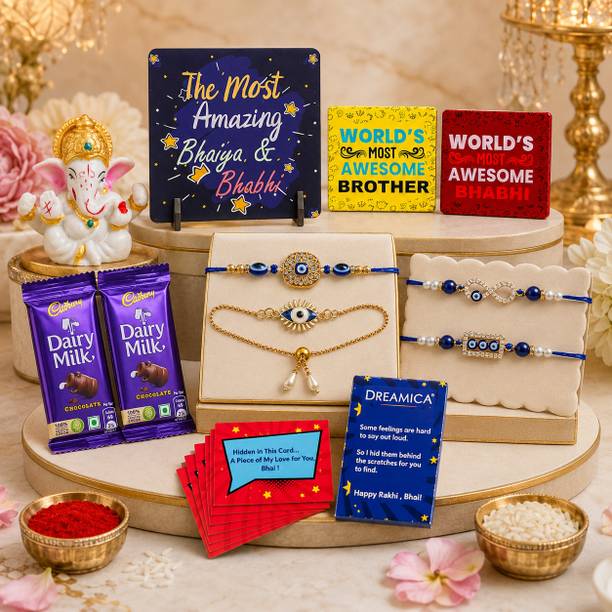 Dreamica Designer Rakhi Combo For Brother - 10 Assorted Rakhi, Showpiece, Chawal Roli Pack, Greeting Card Set
