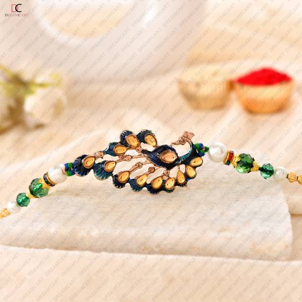 Elegaci Gifts Designer Green Peacock Colorful Rakhi For Brothers Gold Finish Rakhi, Chawal Roli Pack, Greeting Card  Set