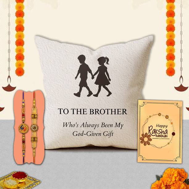 Avirons Thread Aesthetic Rakhi Combo for Bhaiya – Decorative Cushion Gift Hamper for Brother Assorted Chawal Roli Pack, Cushion, Rakhi, Greeting Card  Set