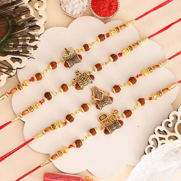 PRIDE STORE Rudraksh 24-421-MAHADEV-SHIV-TRISHUL-MAHAKAL-4PC, Rakhi for brother Mauli Thread Rakhi, Greeting Card, Chawal Roli Pack  Set