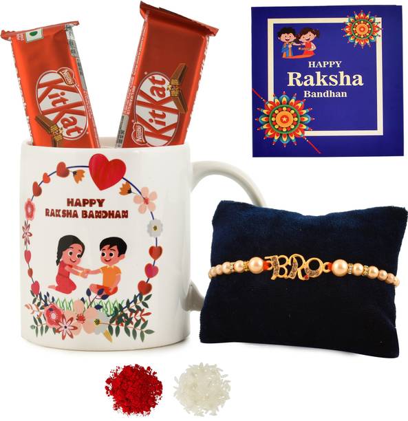 Designer Delicious Kit-Kat Chocolates, Happy Rakshabandhan Mug, Bro Rakhi, Greeting Card Mauli Thread Mug, Rakhi, Chawal Roli Pack, Greeting Card Set by PRIDE STORE