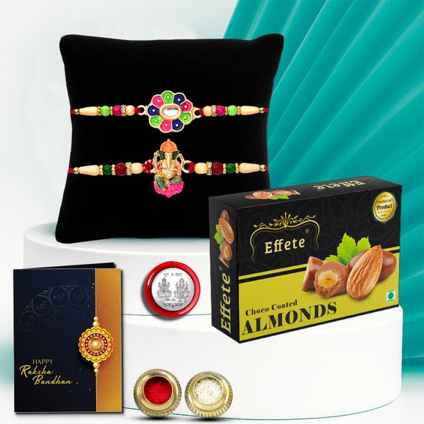 DeoDap Designer Rakhi Combo Gift Set for Brother |Almnond 32 Gm|Chocolate|Y22K2_353+601_CA32 Assorted Rakhi, Greeting Card, Chawal Roli Pack, Coins  Set