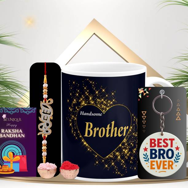 BE UNIQUE Designer Rakhi Gift Set Gold Finish Mug, Rakhi, Key Ring, Greeting Card, Chawal Roli Pack  Set